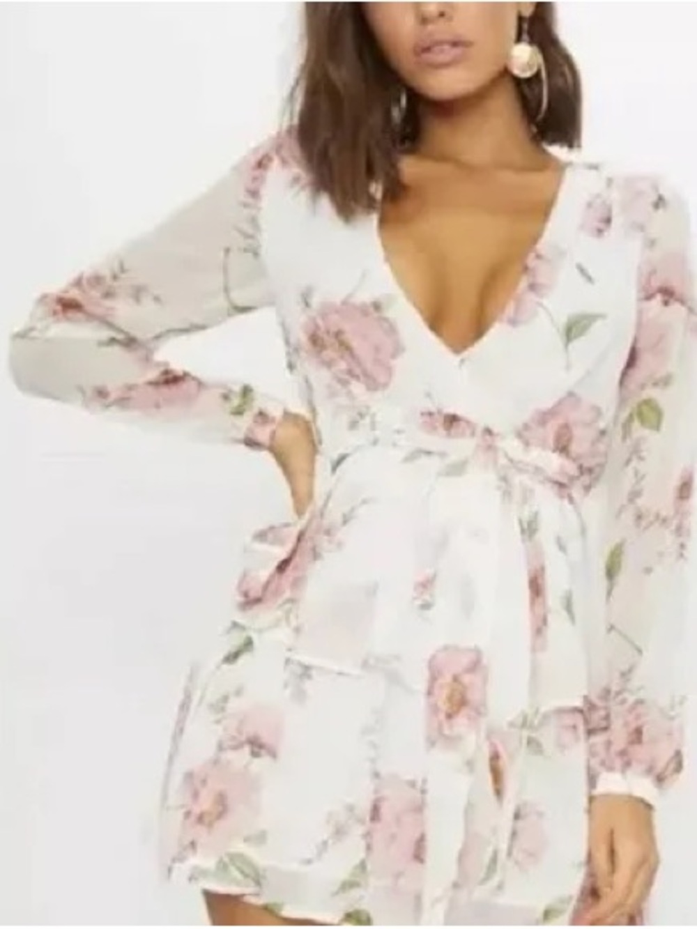 PrettyLittleThing White Wrap Dress with Dusty Rose Floral Print